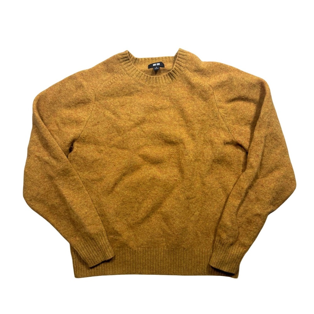 Uniqlo 100% Wool Crewneck Sweater Mustard Yellow Marl Raglan Sleeve M 438789